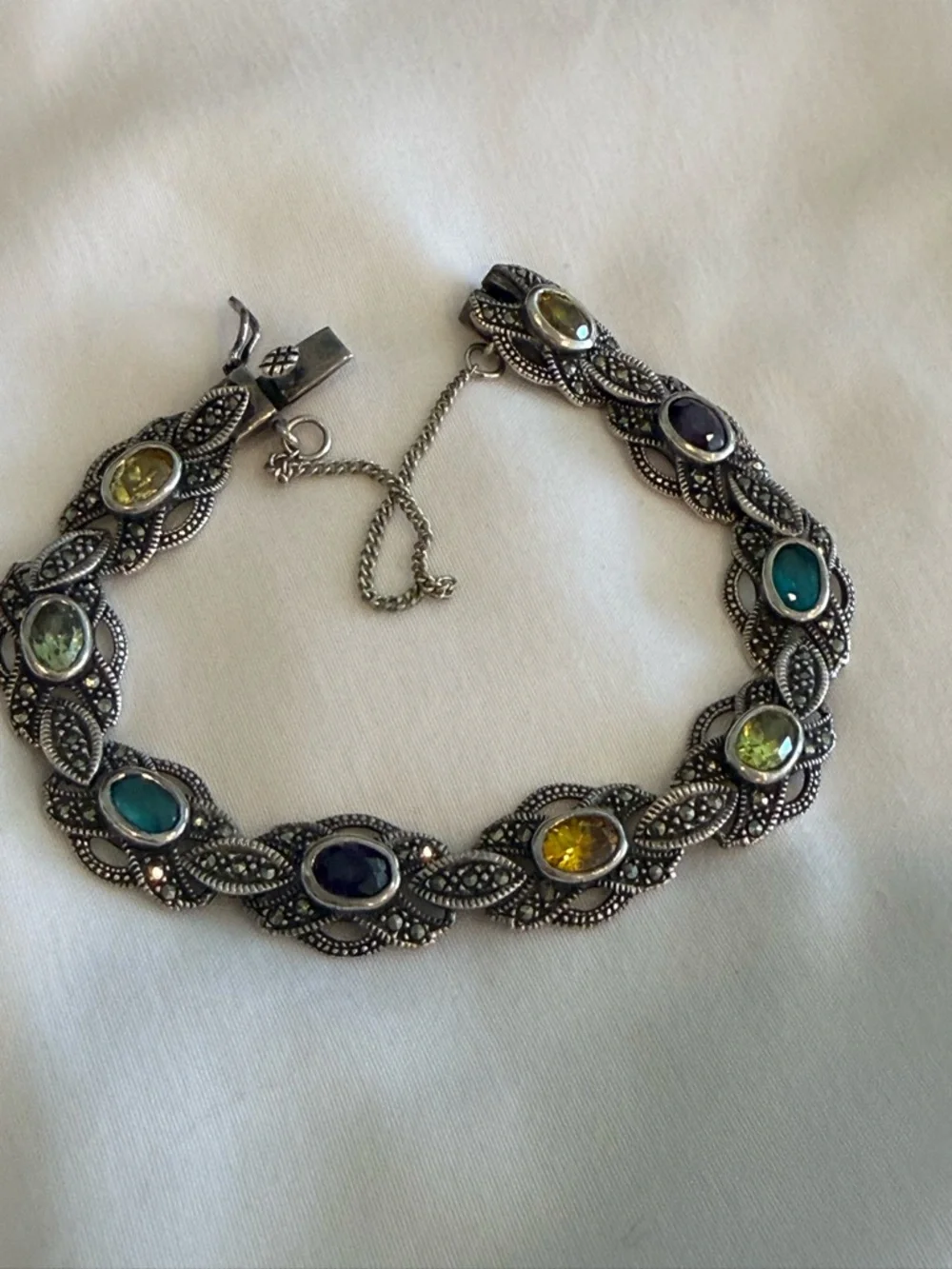Vintage 925 Silver Marcasite Multi Gemstone Bracelet Amethyst Citrine Art Deco - Picture 4 of 8